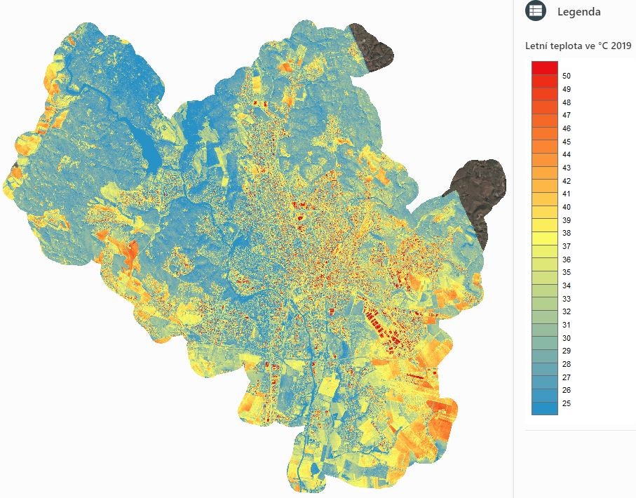 Teplotní mapa povrchů v Brně